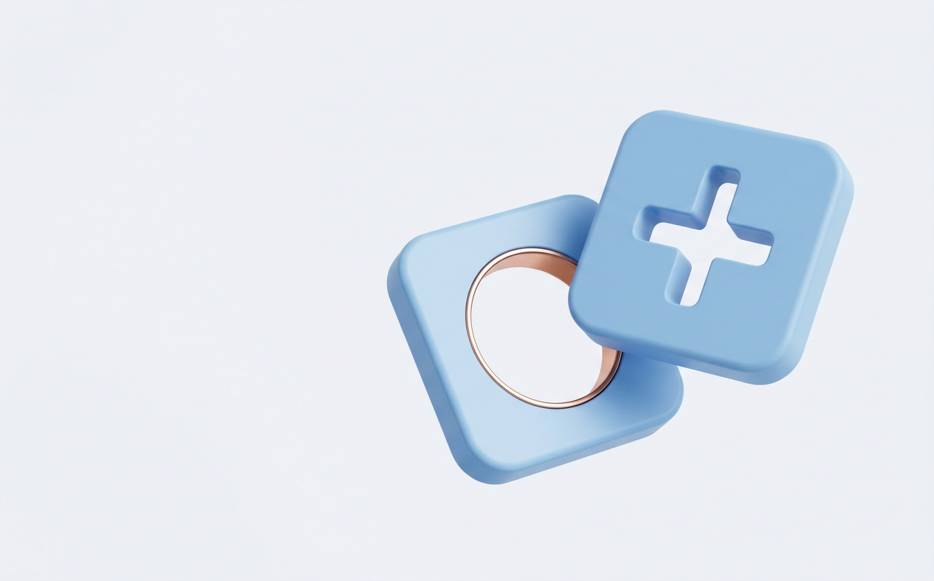 Two floating powder-blue tiles, one with a round cut-out and one with a plus-shaped cut-out